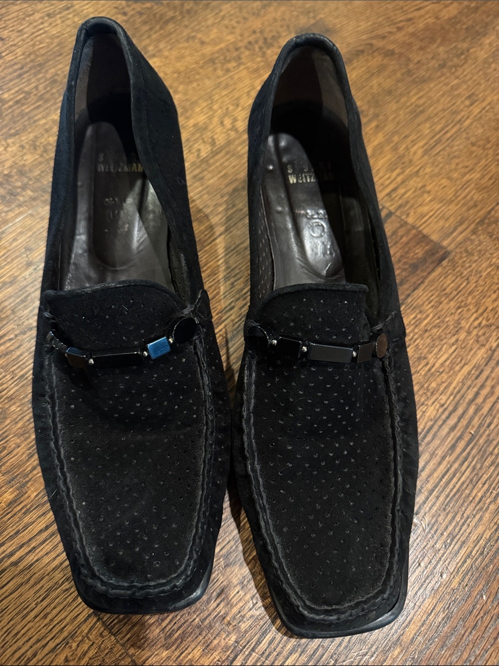 Stuart Weitzman Black Suede Perforated Loafers women’s size 10.5